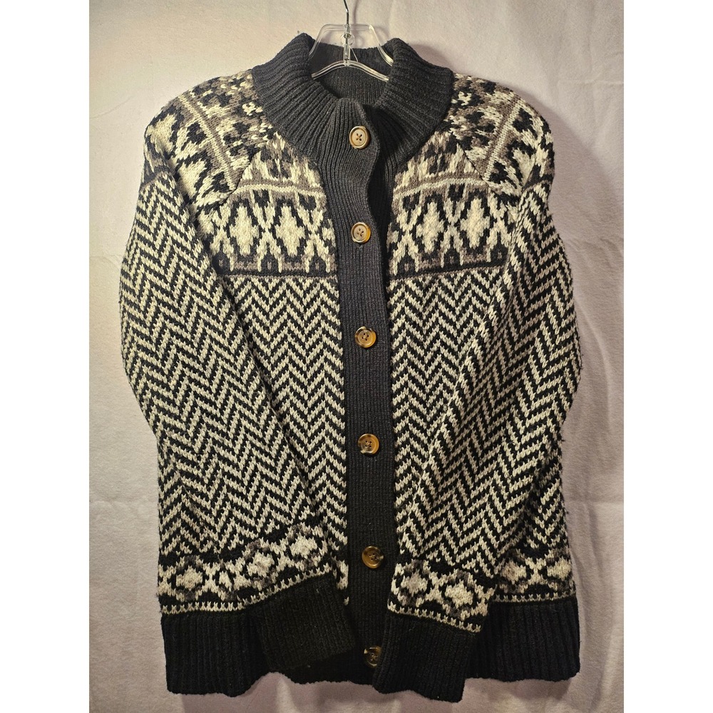 Lands End Fair Isle Chevron Knit Button Cardigan Sweater Black White XS 2-4